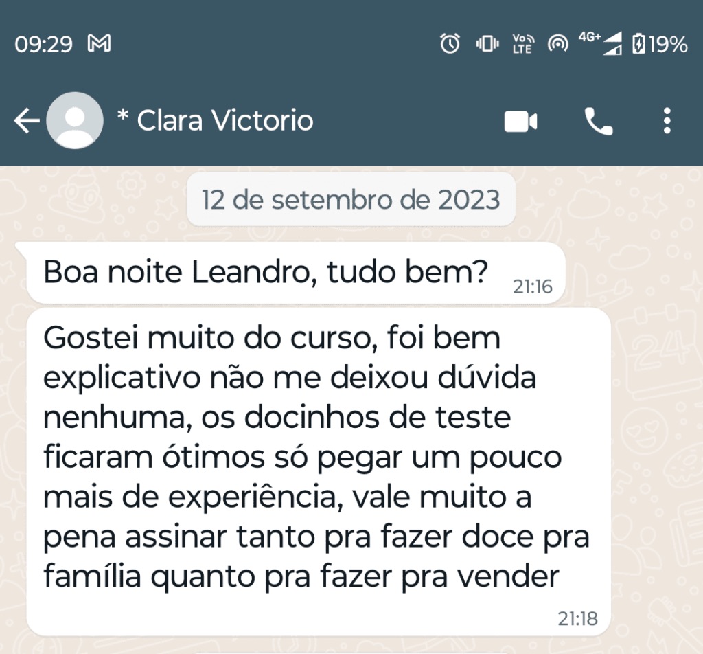 Print de conversa no WhatsApp: aluna contando o resultado depois do curso